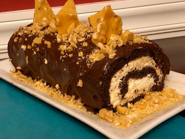 Chocolate Peanut Brittle Swiss Roll