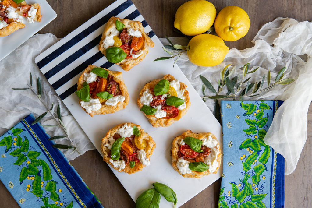 Mini Galettes with Tomatoes, Burrata & Prosciutto