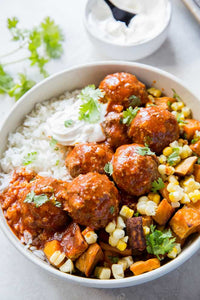 Roasted poblano peppers and crushed tortilla chips create these unique and flavorful Tex-Mex Meatballs in Red Chile Sauce