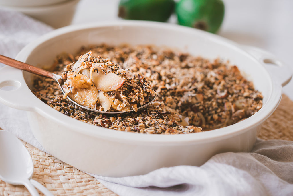 Feijoa crumble with an oat and coconut topping