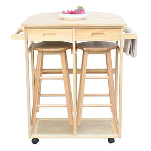 FCH Semicircle Solid Wood Folding Dining Cart with 2 Free Stools Natural