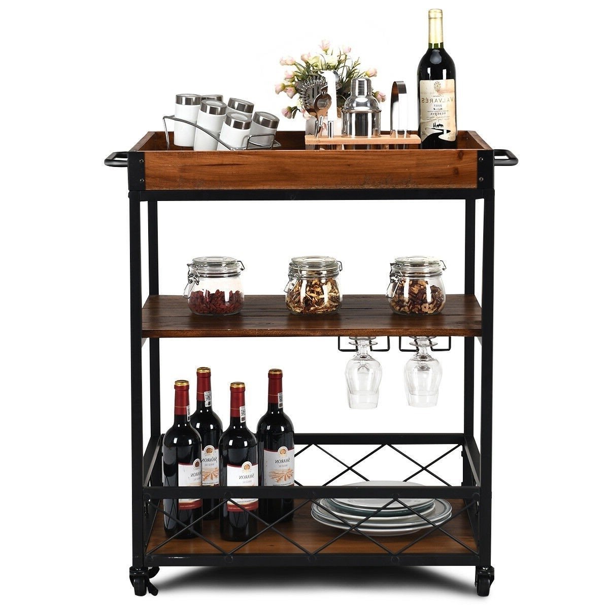 Wood Iron Kitchen Cart with Removeable Tray Top and Wheels