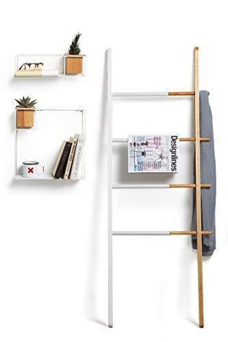 Umbra Hub Ladder - Adjustable Clothing Rack for Bedroom or Freestanding Towel Rack for Bathroom | Expands from 16 to 24 inches with 4 Notched Hooks, Black/Walnut