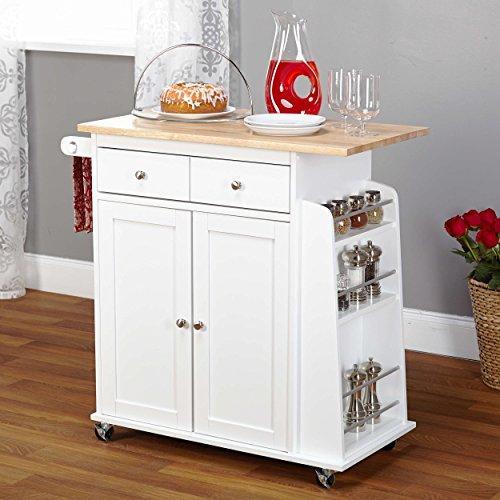 Contemporary Mobile Kitchen Island Rolling White Cart Wood Frame with Single Storage Drawer and 2-Cabinets | Adjustable Cabinet Shelf, Towel Rack