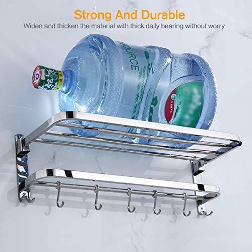 304 Stainless Steel Towel Racks for Bathroom with Double Towel Bars, 24-Inch Wall Mount Bath Rack Rustproof Double Layers Foldable Rail Shelves Bar with Hooks