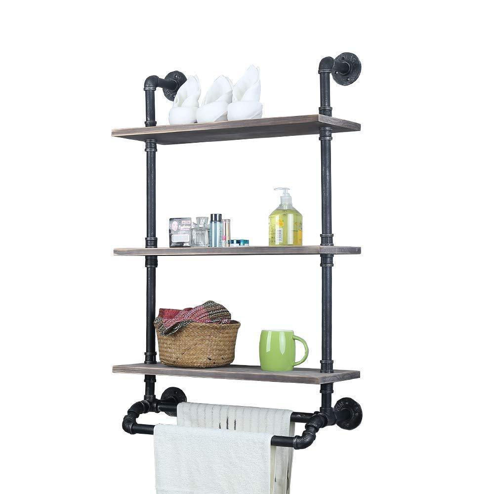 Industrial Bathroom Shelves Wall Mounted With 2 Towel Bar,24in Rustic Pipe Shelving 3 Tiered Wood Shelf,Black Farmhouse Towel Rack,Metal Floating Shelves Towel Holder,Iron Distressed Shelf Over Toilet