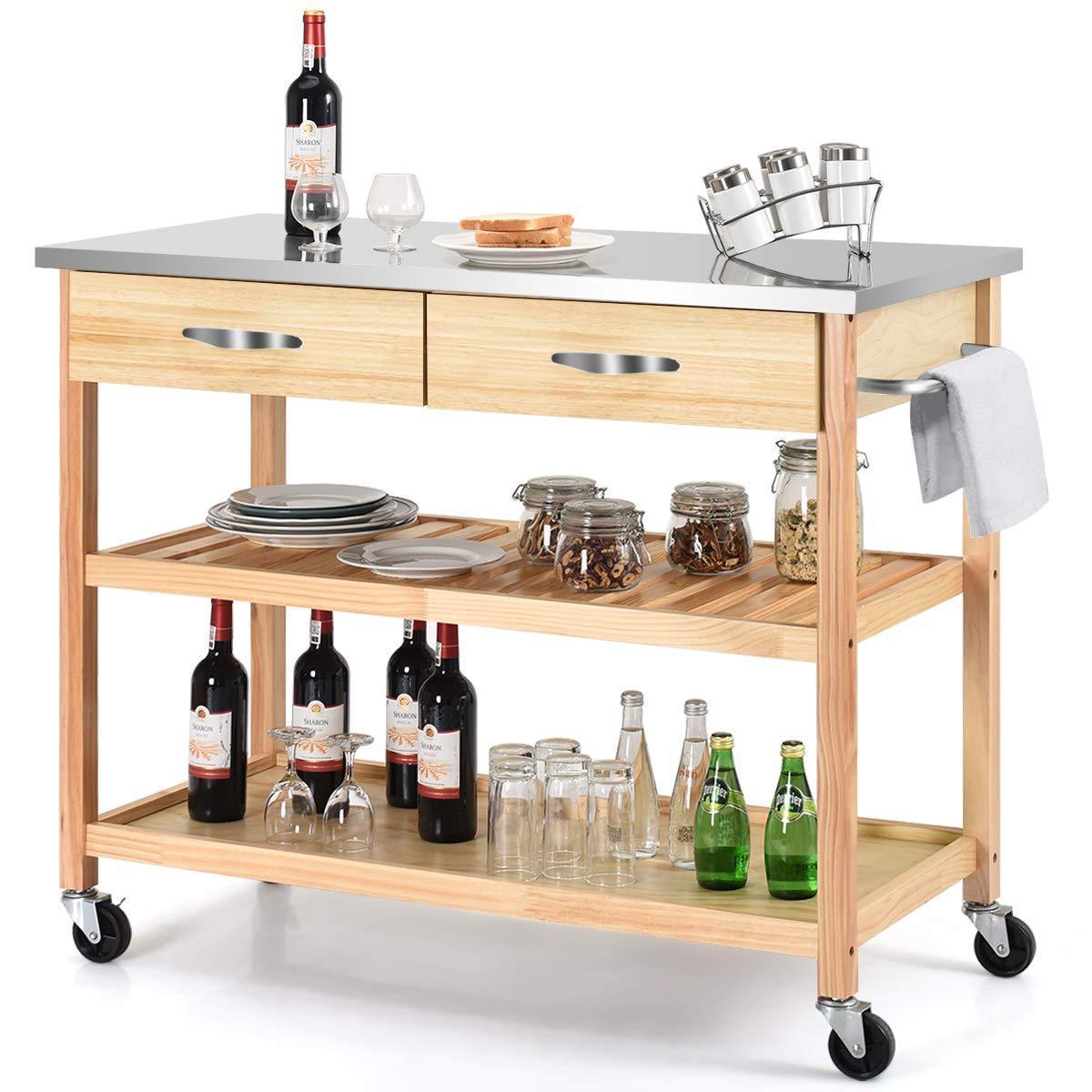 Giantex Kitchen Trolley Cart Rolling Island Cart Serving Cart Large Storage with Stainless Steel Countertop, Lockable Wheels, 2 Drawers and Shelf Utility Cart for Home and Restaurant Solid Pine Wood