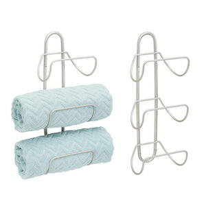 mDesign Modern Decorative Metal 3-Level Wall Mount Towel Rack Holder and Organizer for Storage of Bathroom Towels, Washcloths, Hand Towels - 2 Pack - Satin