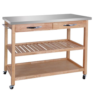 ZENSTYLE 3-Tier Rolling Kitchen Island Utility Wood Serving Cart Stainless Steel Countertop Kitchen Storage Cart w/Shelves, Drawers, Towel Rack