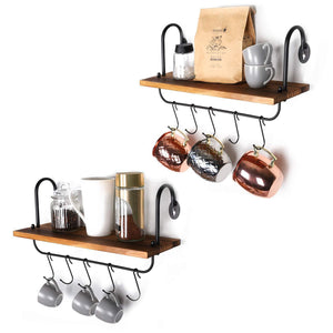 O-KIS Wall Floating Shelves for Kitchen Bathroom Coffee Nook with 10 Adjustable Hooks for Mugs Cooking Utensils or Towel Rustic Storage Shelves Set of 2