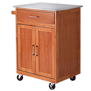 Giantex Wood Kitchen Trolley Cart Rolling Kitchen Island Cart with Stainless Steel Top Storage Cabinet Drawer and Towel Rack