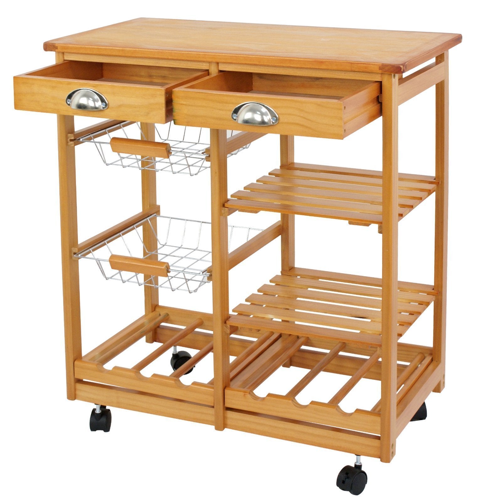 Nova Microdermabrasion Rolling Wood Kitchen Island Storage Trolley Utility Cart Rack w/Storage Drawers/Baskets Dining Stand w/Wheels Countertop (Wood)