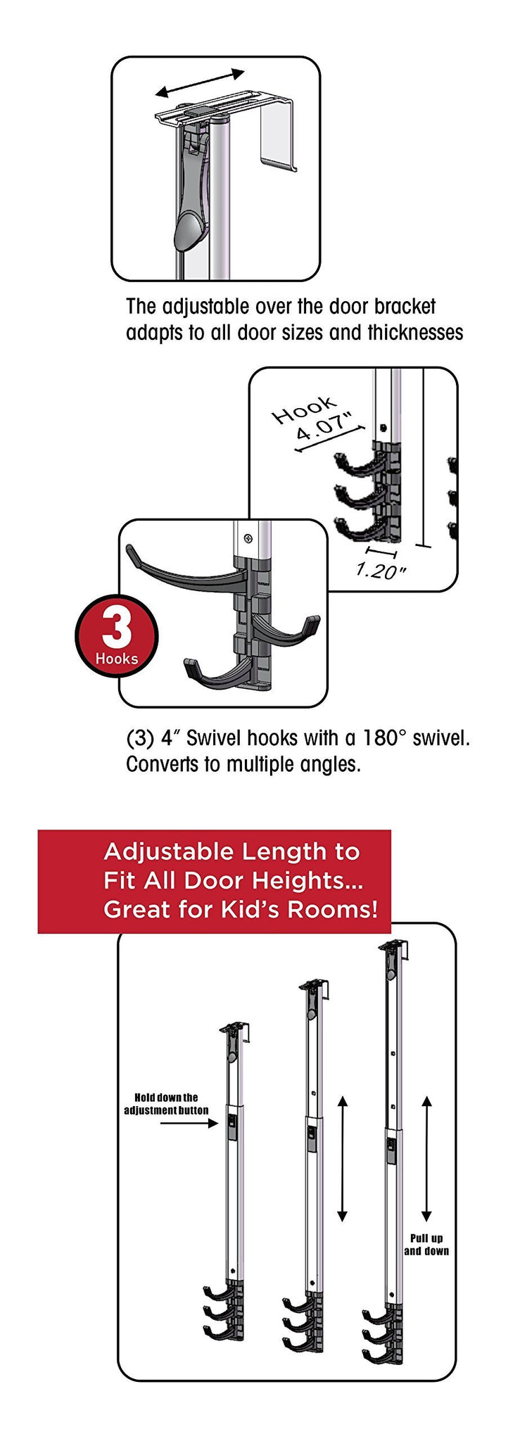 BathSense Height Adjustable Telescopic Over-the-Door Swivel Hook Rack With 3 Swivel Hooks, Silver