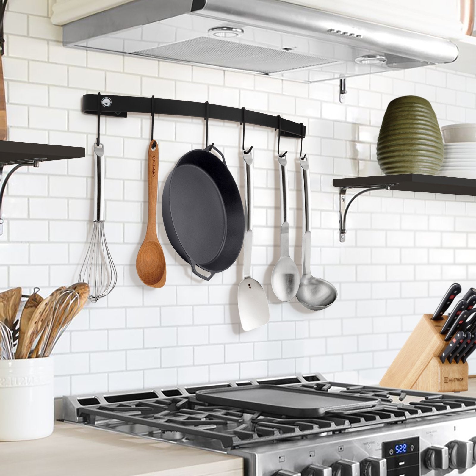 Designer Curved Wall Rack Utensil Bar w Hooks - Accent Colors