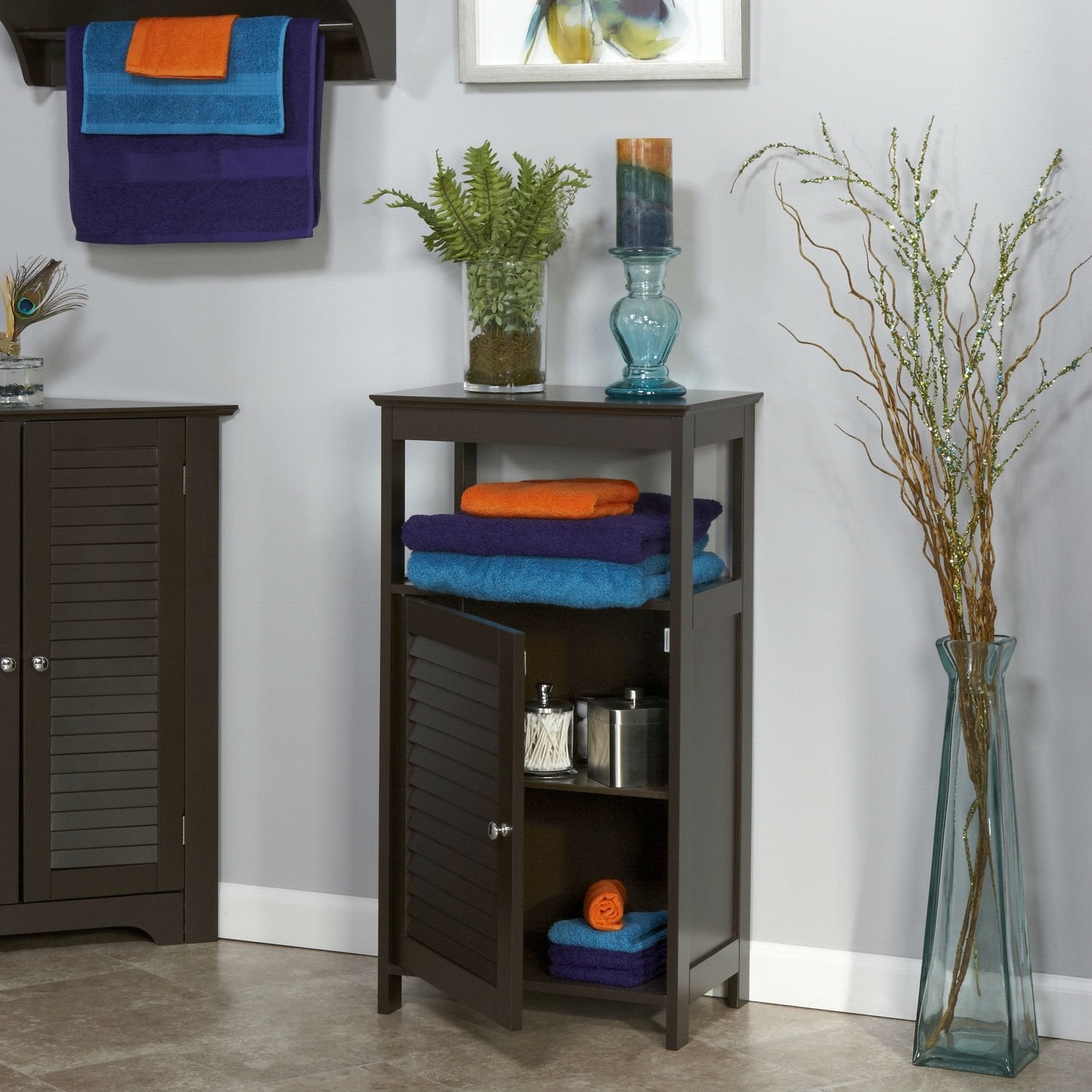 Modern Bathroom Floor Cabinet Free Standing Storage Unit in Espresso Wood Finish