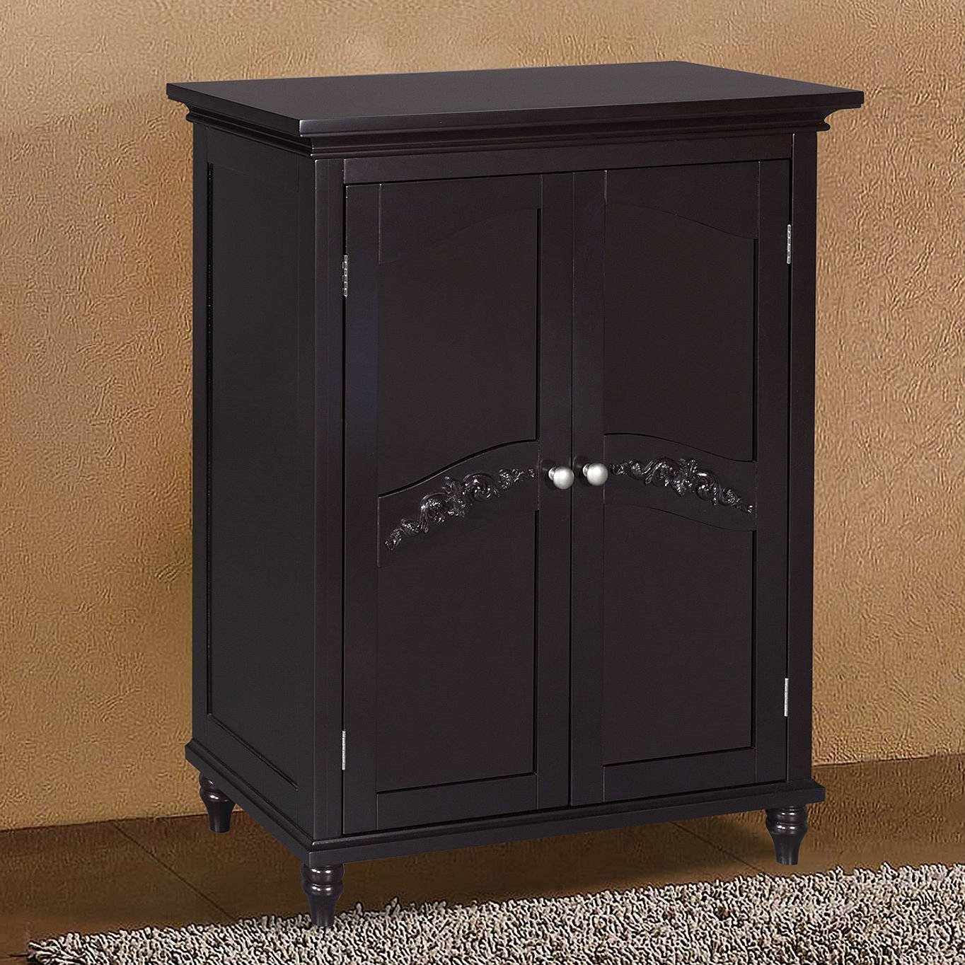 Dark Espresso Wood Bathroom Floor Cabinet with Traditional Crafted Engraving Doors