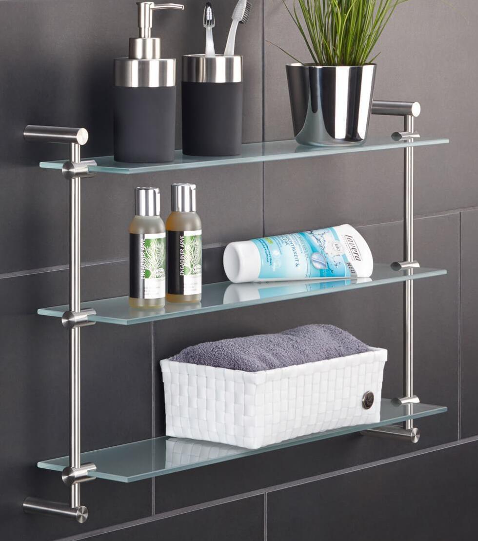 PSBA Wall Glass Shelf Towel Rack 24.3" Storage Organizer Stainless Steel Matte - 3 Shelves
