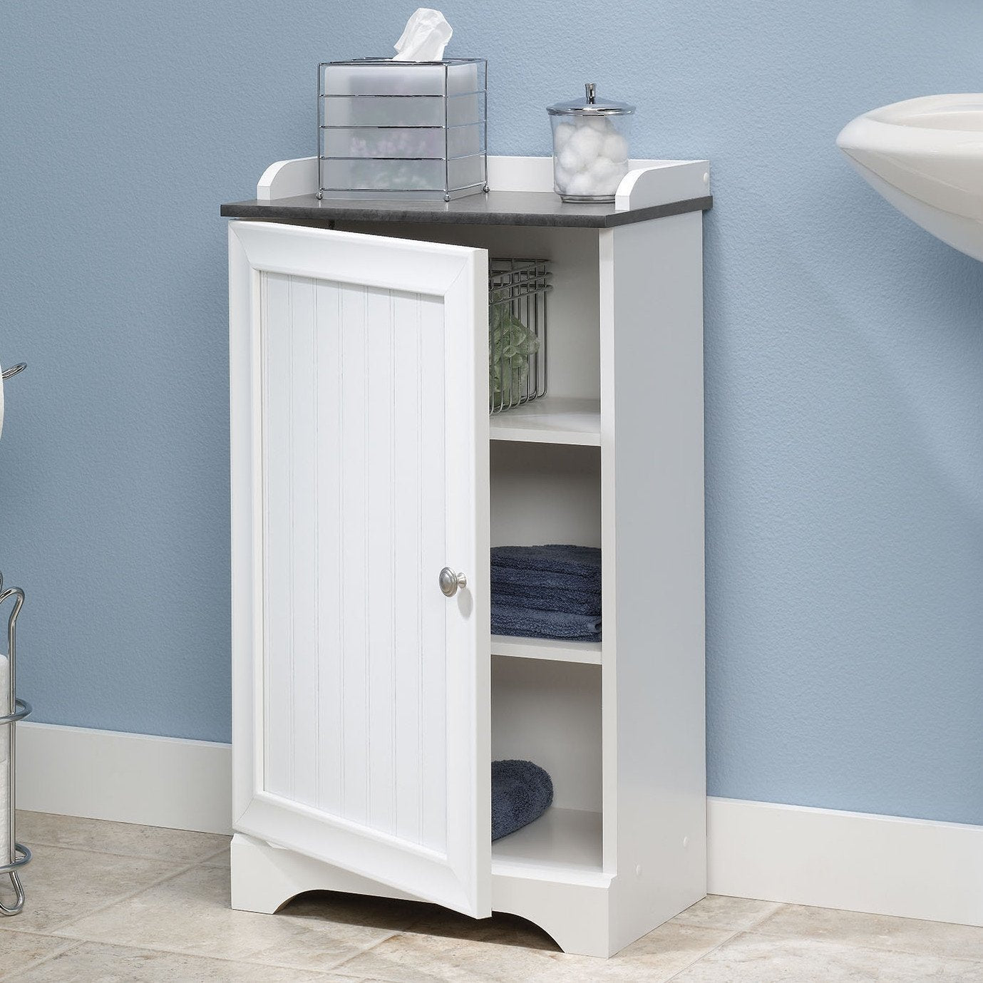 Bathroom Floor Cabinet with Adjustable Shelves in White Finish