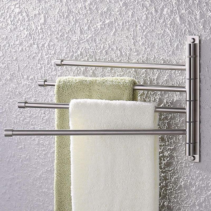 Swivel Towel Bar SUS 304 Stainless Steel 4-Arm Bathroom Swing Hanger Towel Rack Holder Storage Organizer Space Saving Wall Mount Brushed Finish