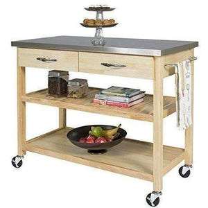 Bcp Natural Wood Kitchen Island Utility Cart With Stainless Steel Top Restaurant