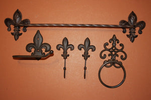 5) Fleur De Lis Bath accessory set, Saints, Louisianna bath decor, towel rack, toilet paper holder,Vintage-look,Cast Iron,free ship