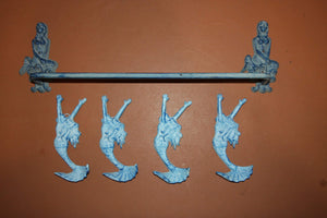 5) Aqua Color Vintage Look Mermaid Bath Decor, Mermaid Towel Bar Towel Hooks Solid Cast Iron Set of 5 pieces