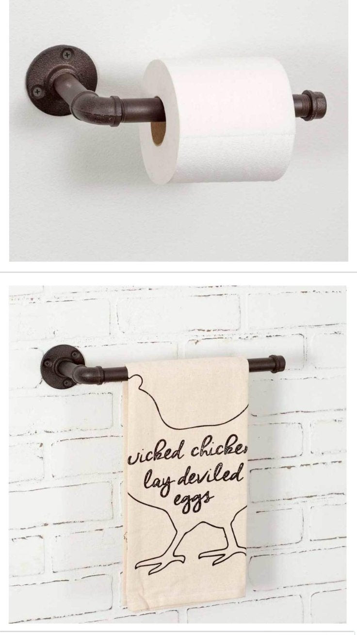 Rustic Iron Pipe Bathroom Toilet Paper Holder and Hand Towel Rack Bundle - Be Ready Deals