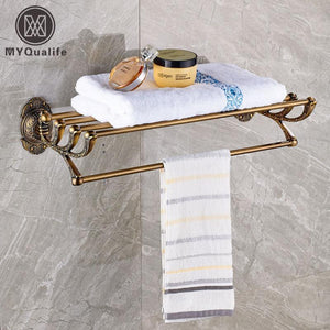 Artistic Wall Mounted Towel Shelf Bathroom Brass Antique Bath Towel Holder Towel Rack