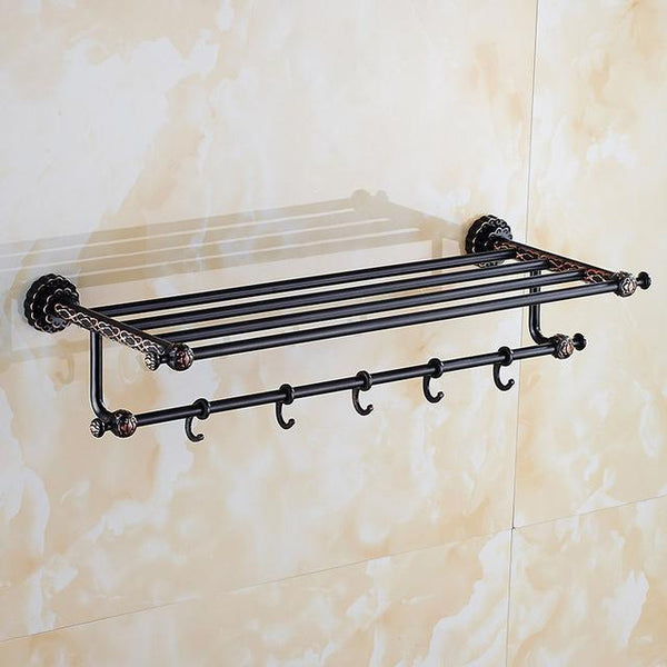 Bathroom Shelves Antique Brass Wall Shelf Towel Rack Bath Holder Towel Hangers Rack Carve Bathroom Accessories Towel Bars 10712F