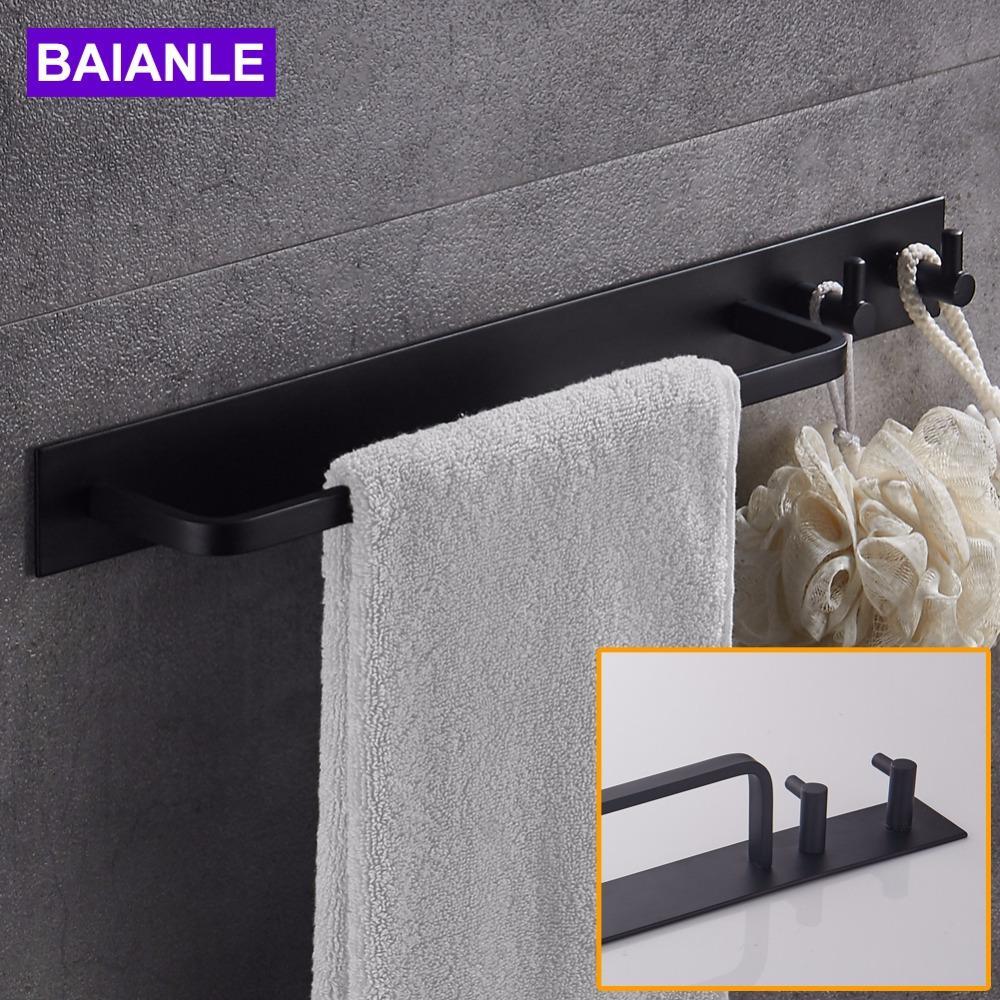 Black Space Aluminum Towel Bar W/ Double Robe Hooks Wall Mounted Bathroom Accessories Towel Rack Towel Shelf W/ Hooks