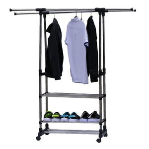 Dual Bars Horizontal & Vertical Telescope Style 3 Tiers Stainless Steel Clothing Garment Shoe Rack B